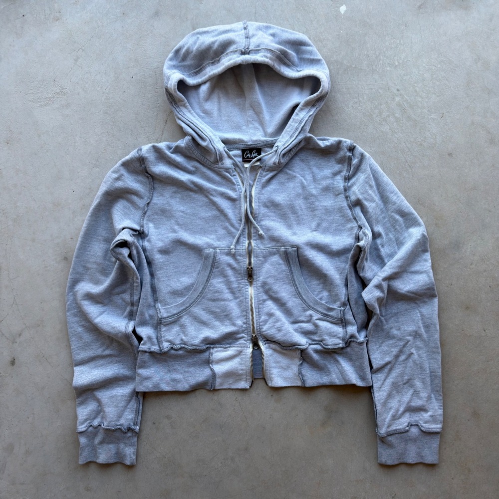 City Lights Vintage Y2K Heather Gray Cropped Zip Up Hoodie Sweatshirt Large